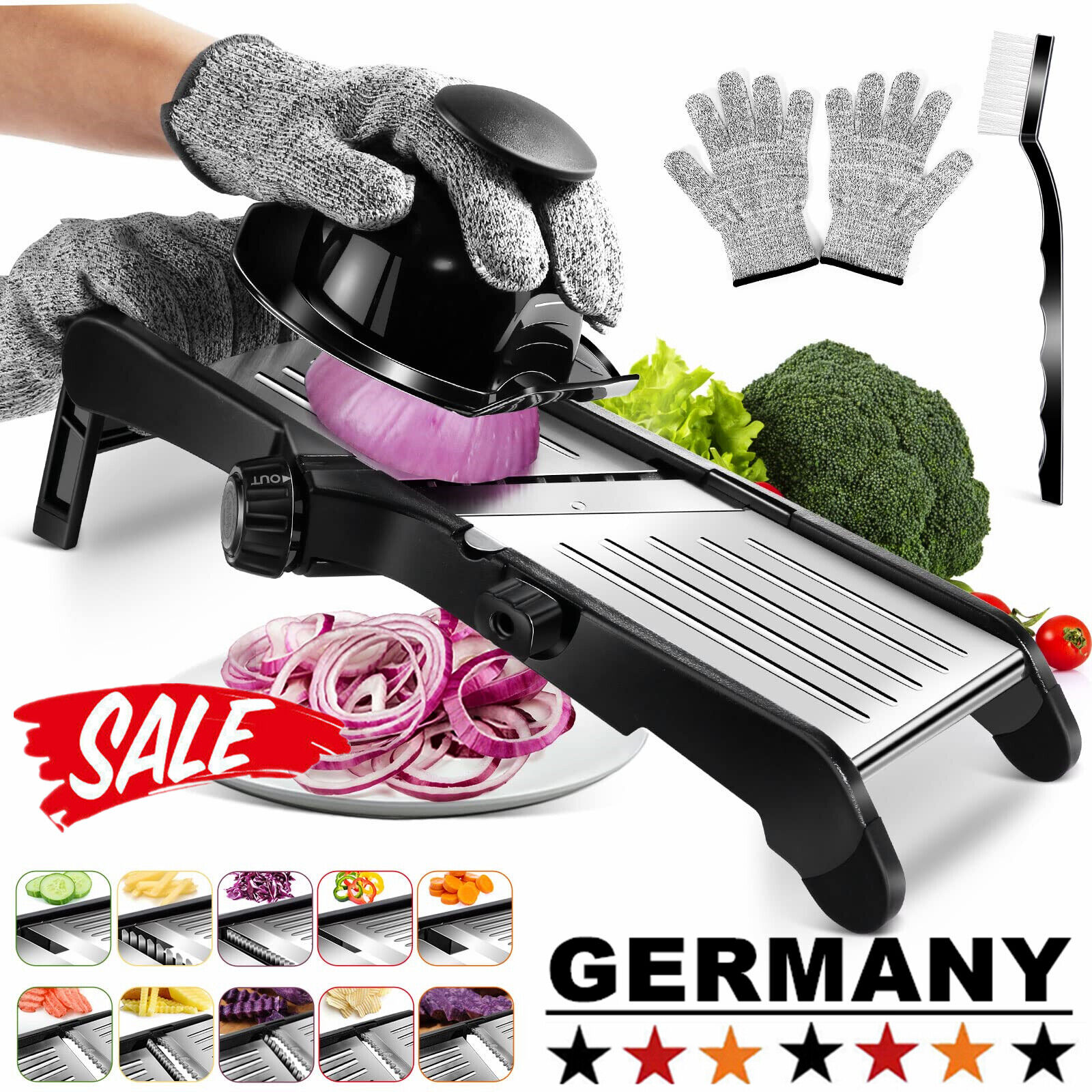 Ein Mandolinen-Schneider mit einer Hand, die eine rote Zwiebel schneidet. Handschuhe, Gemüse und eine Bürste sind ebenfalls sichtbar.