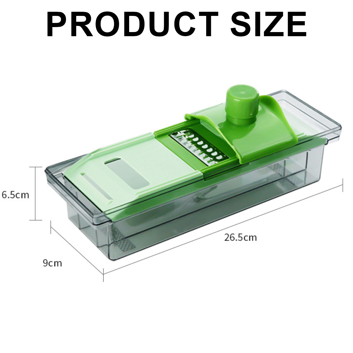 Ein grüner und klarer Gemüseschneider. Die Abmessungen betragen 26,5 cm lang, 9 cm breit und 6,5 cm hoch. Der Text oben lautet 'PRODUCT SIZE'.