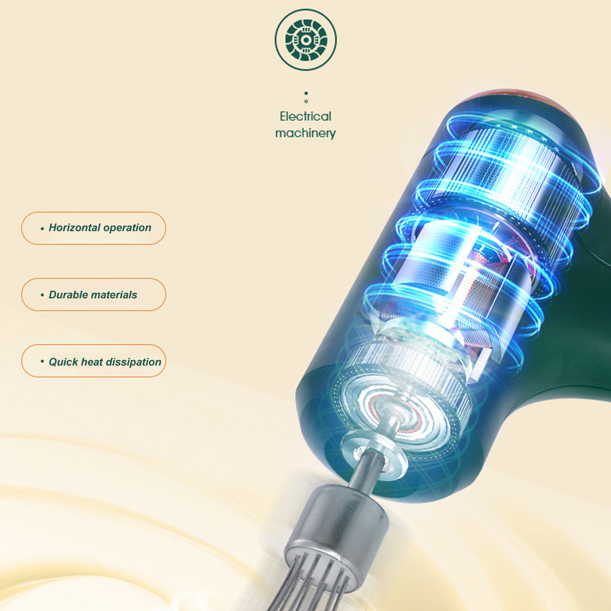 Ein grüner und silberner elektrischer Mixer. Es hat einen sichtbaren inneren Mechanismus. Der Text beschreibt ihn als horizontal zu bedienen, mit haltbaren Materialien.