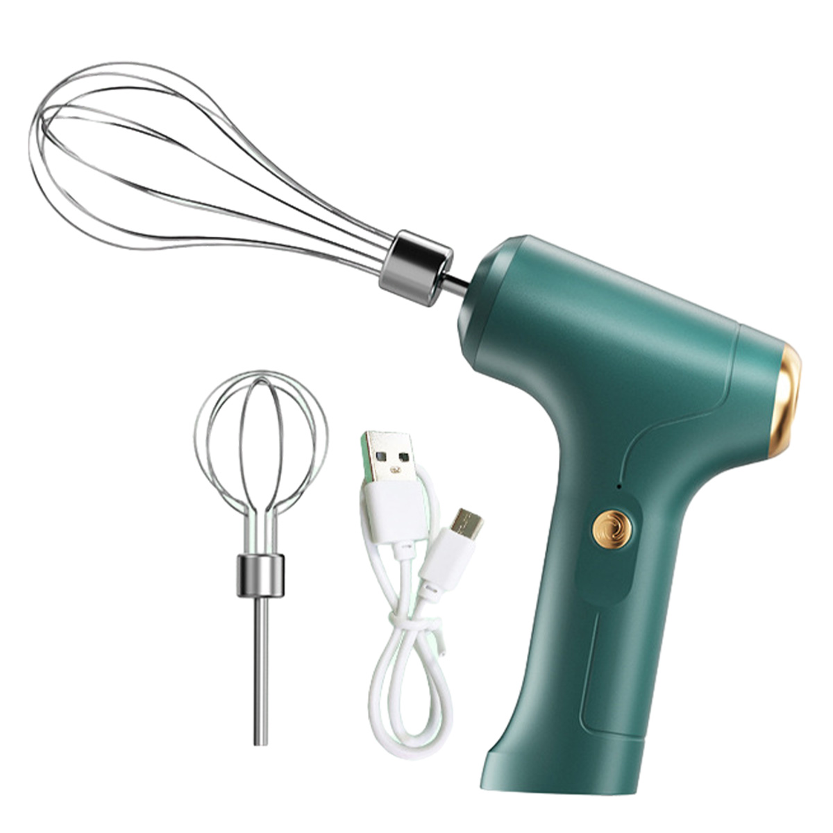 Ein tragbarer teal Mixer mit zwei Aufsätzen, einem Schneebesen und einem Schläger, zusammen mit einem USB-Ladekabel auf weißem Hintergrund.