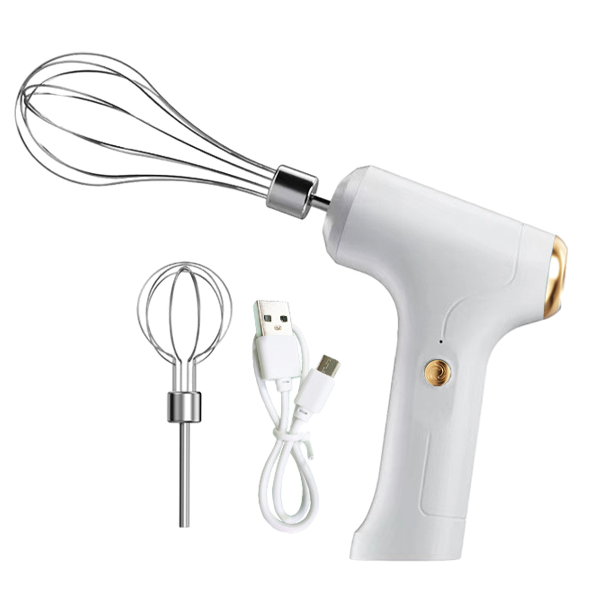 Ein weißer Handmixer mit zwei Schneebesenaufsätzen und einem USB-Ladekabel. Der Mixer hat einen goldenen Akzent.