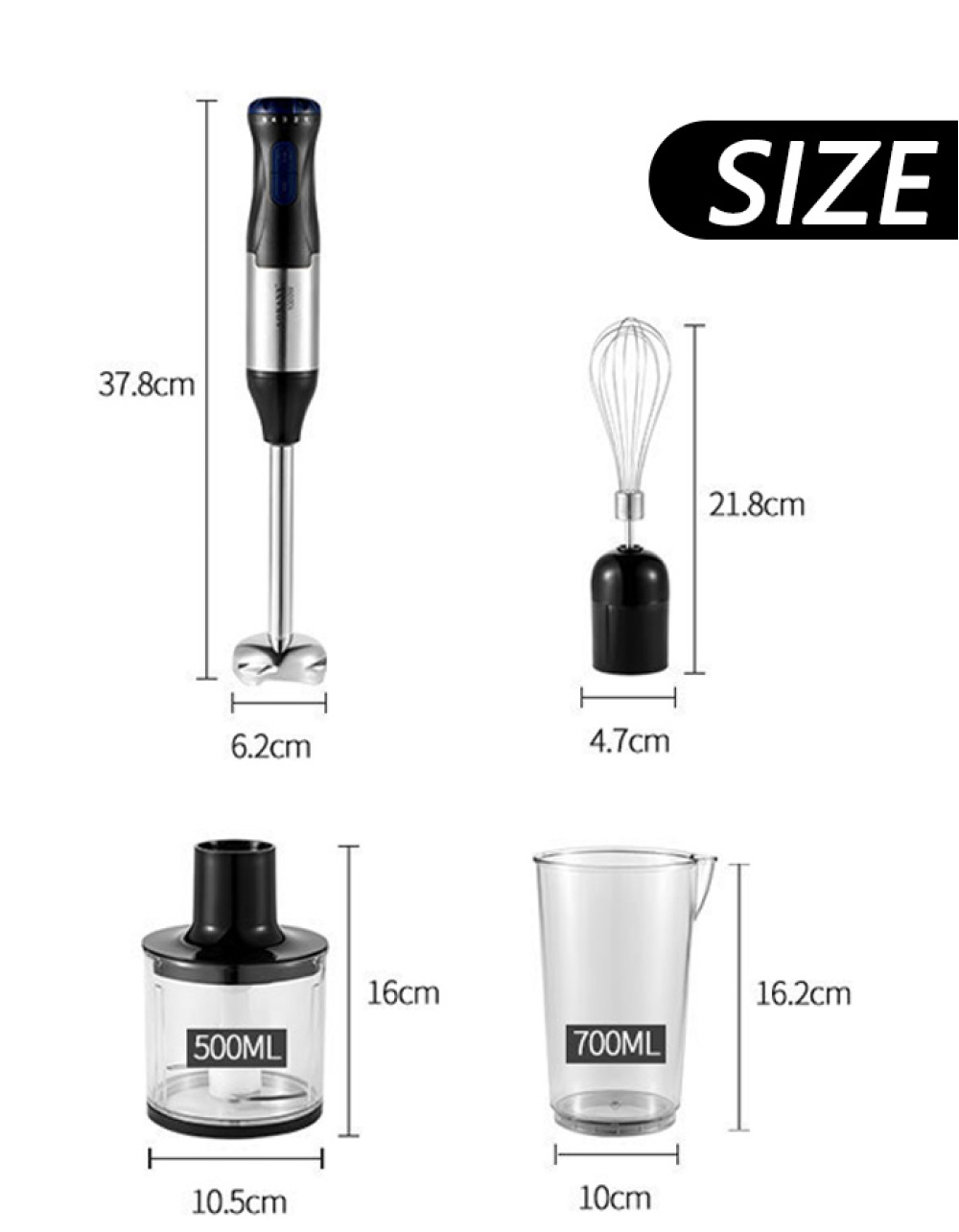 Das Bild zeigt einen Stabmixer, Schneebesen, 500-ml-Behälter und 700-ml-Becher mit Größenangaben. Der Mixer ist 37,8 cm hoch.
