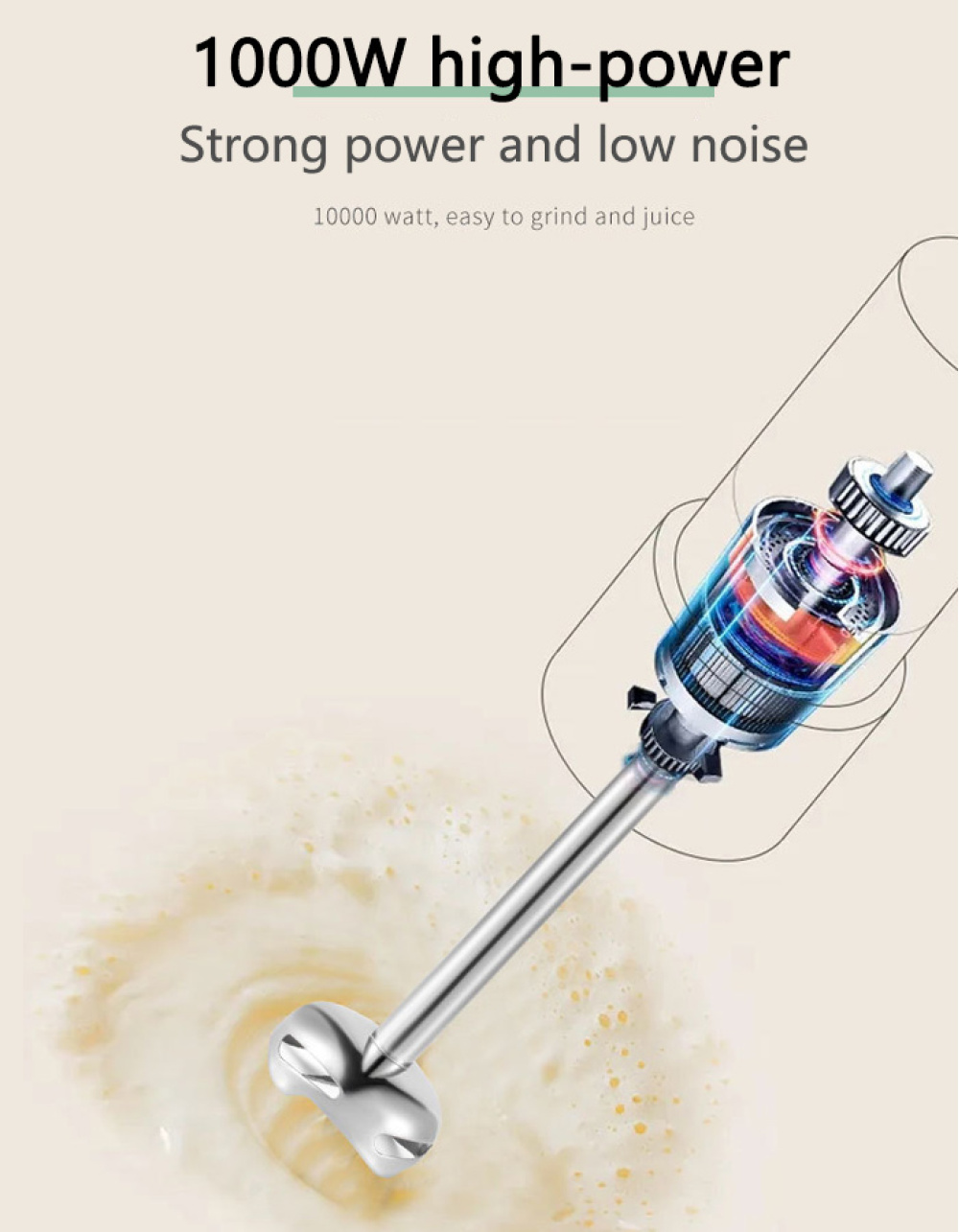 Ein elektrischer Mixer mischt eine Flüssigkeit. Das Bild zeigt den Mixer in Aktion, mit Fokus auf Metallteile und die Flüssigkeit.