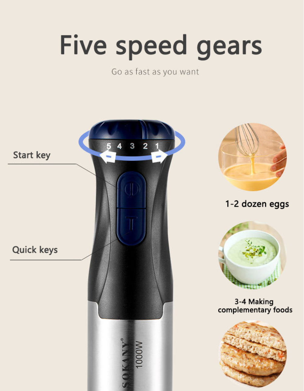 Ein elektrischer Mixer mit fünf Geschwindigkeitsstufen wird gezeigt. Das Bild zeigt auch Eier, Suppe und Beilagen.
