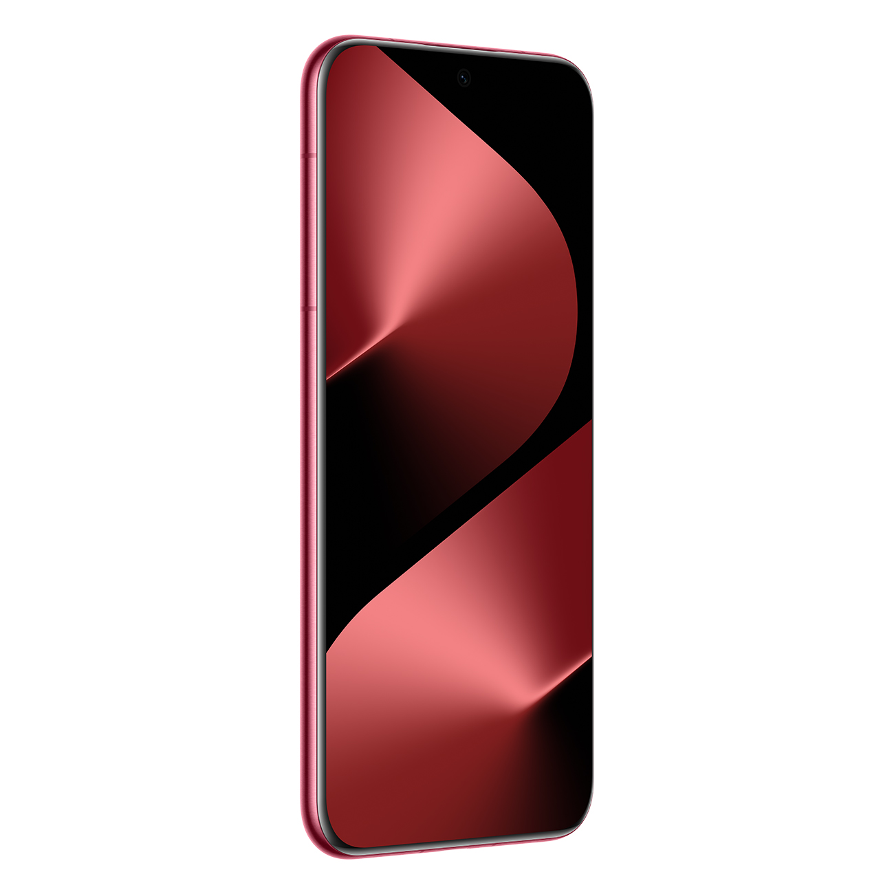 Ein rotes Smartphone vor weißem Hintergrund. Der Bildschirm zeigt ein abstraktes rotes und schwarzes Design. Das Telefon ist leicht angewinkelt.