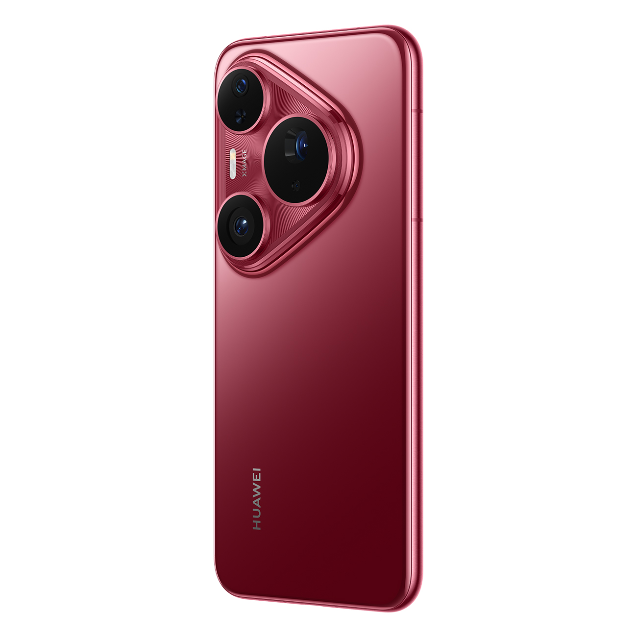 Ein rotes Huawei-Smartphone wird angezeigt. Es hat drei Kameralinsen und den Markennamen unten.