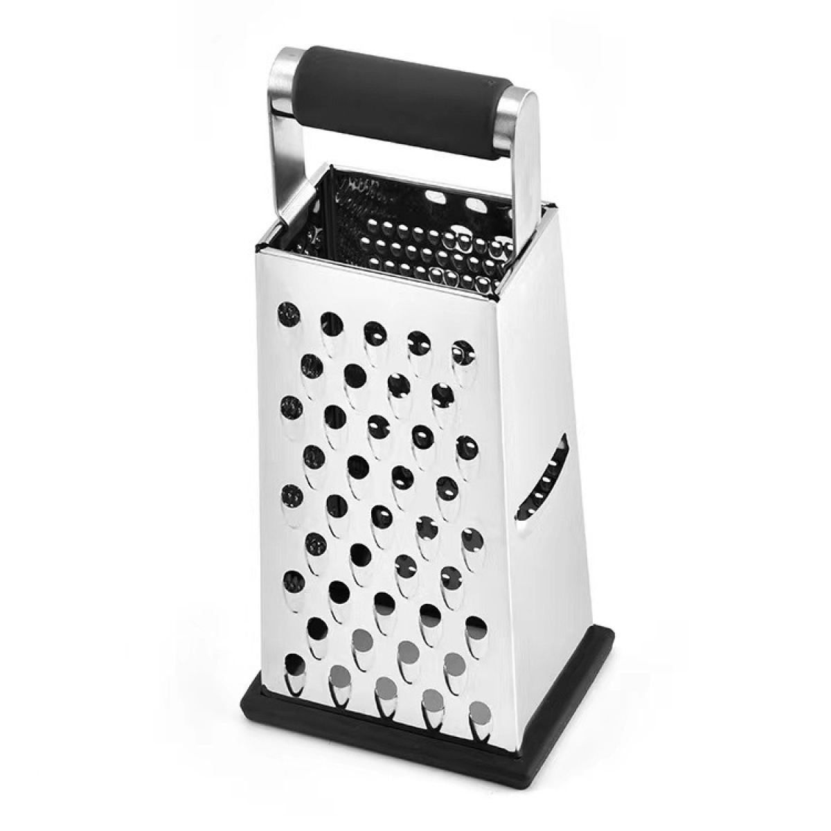 Ein Edelstahl-Reibeisen mit schwarzem Griff und Sockel. Die Reibe hat mehrere kleine Löcher und einen Griff für eine einfache Handhabung.