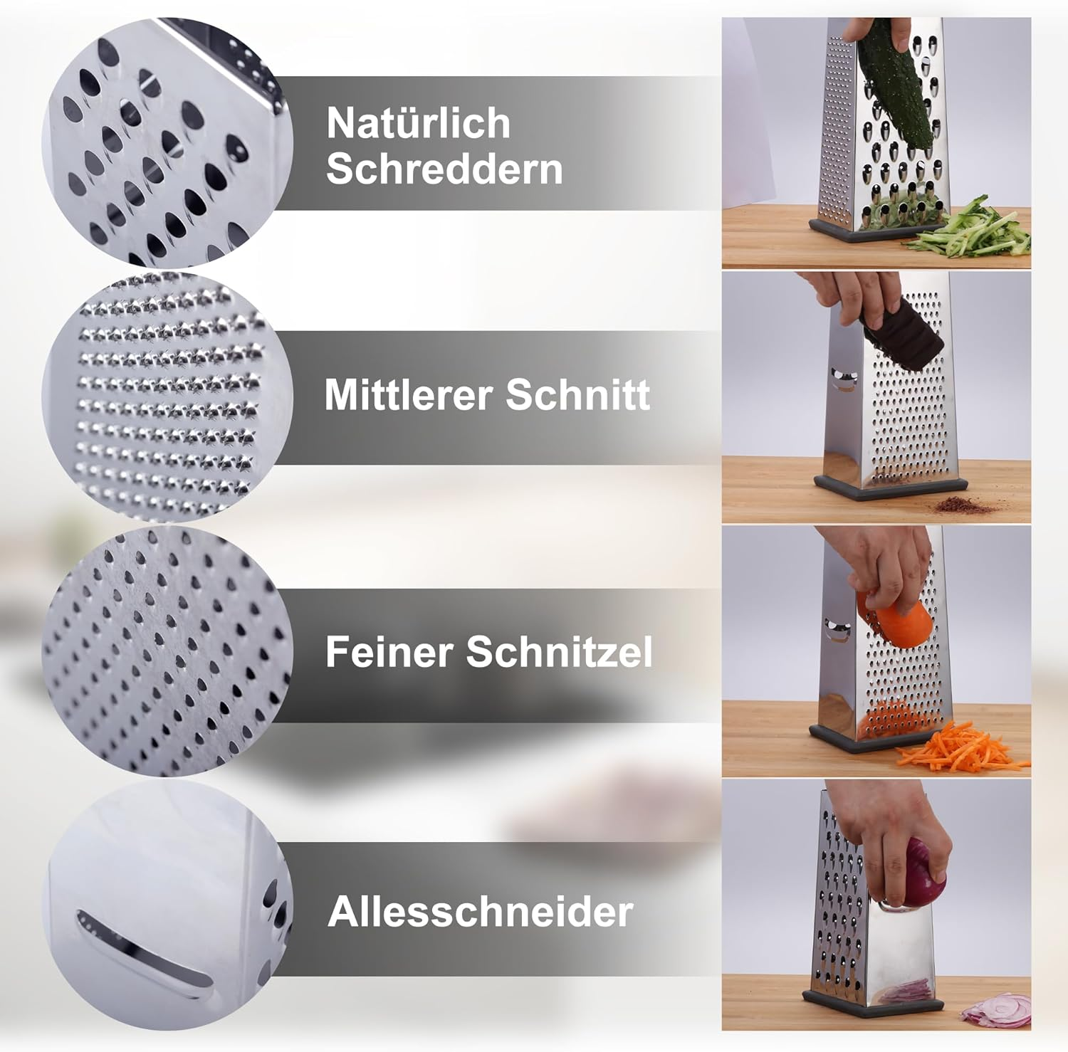 Ein Metallreibe mit verschiedenen Klingentypen wird gezeigt. Gemüse und Schokolade werden gerieben. Die Reibe steht auf Holzoberflächen.
