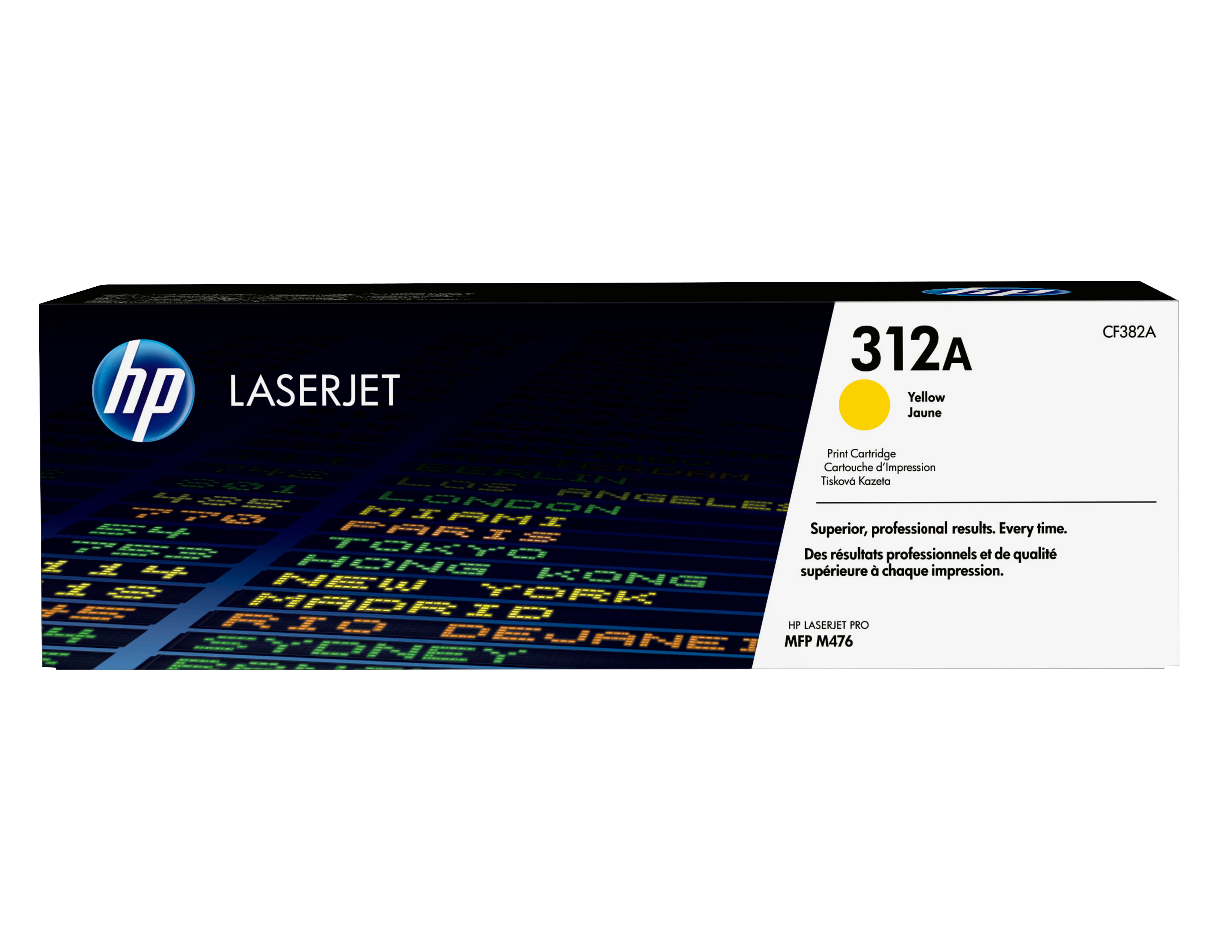 Una scatola di toner giallo HP LaserJet 312A con logo HP e nomi di città sullo sfondo.