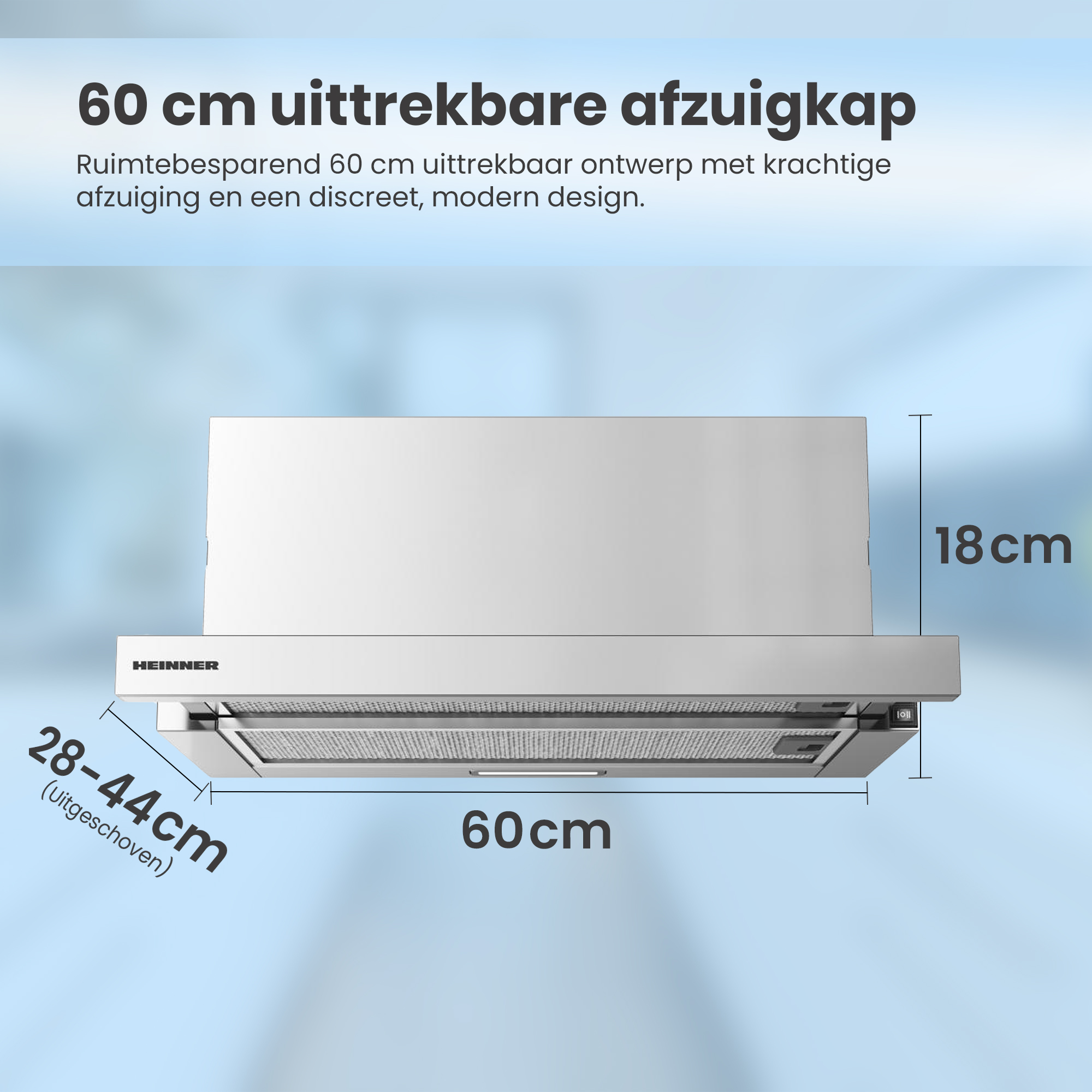 Eine weiße, einziehbare Dunstabzugshaube mit beschrifteten Abmessungen. Sie ist 60 cm breit und 18 cm hoch. Die Marke ist HEINNER.