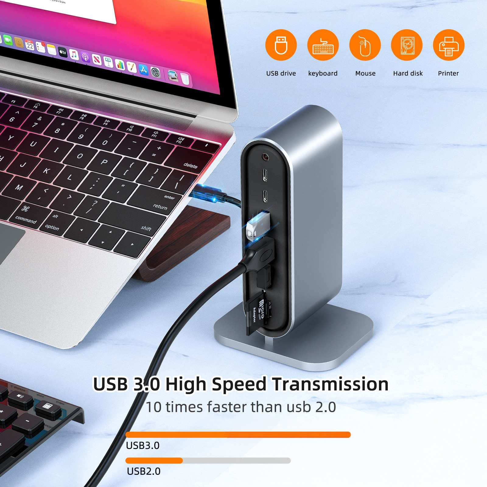 Ein Laptop, verbunden mit einem silbernen USB-Hub. Symbole für USB-Laufwerk, Tastatur, Maus, Festplatte und Drucker werden angezeigt.