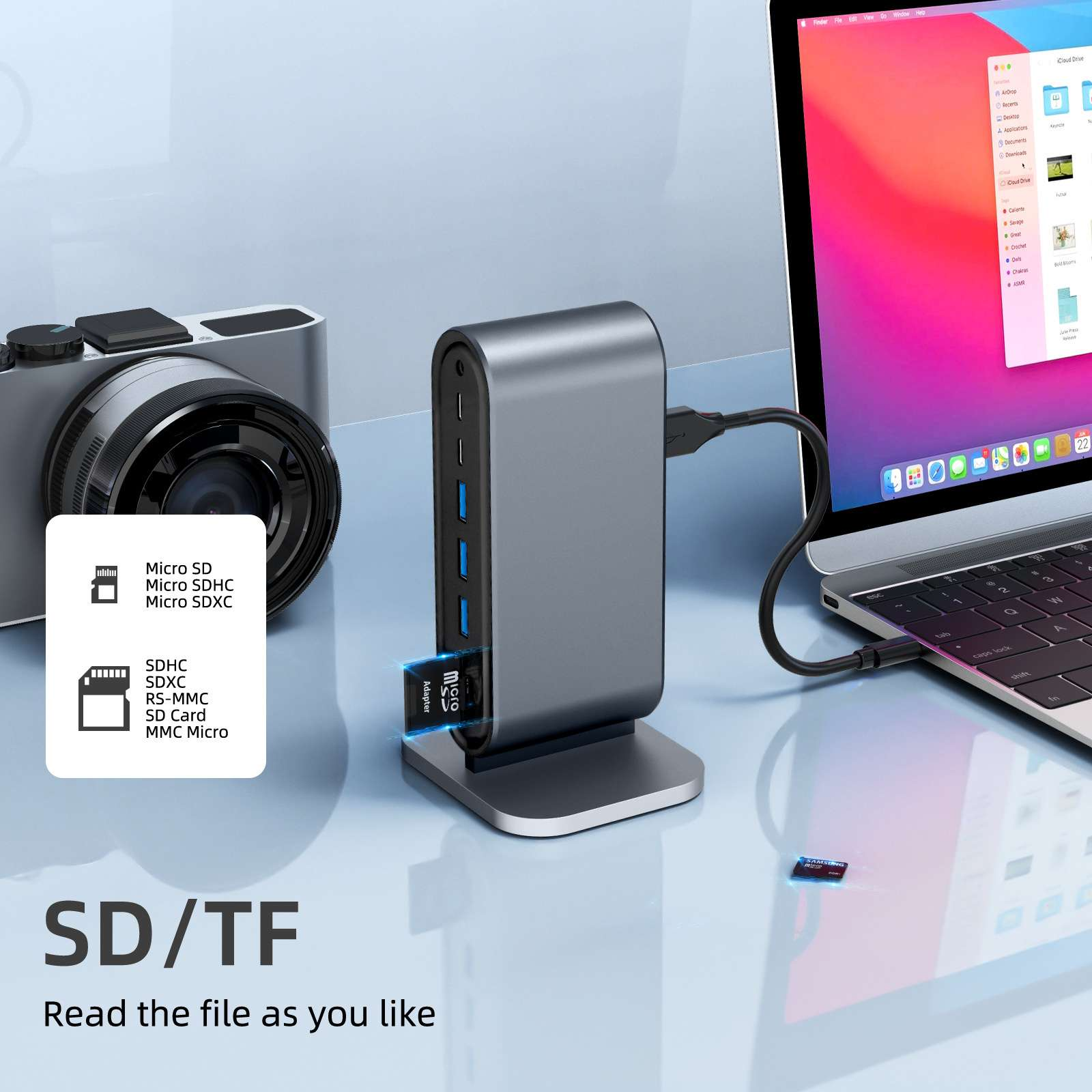 Ein grauer USB-Hub mit SD-Kartenadapter ist an einen Laptop angeschlossen. Eine Kamera und eine SD-Karte sind ebenfalls vorhanden.