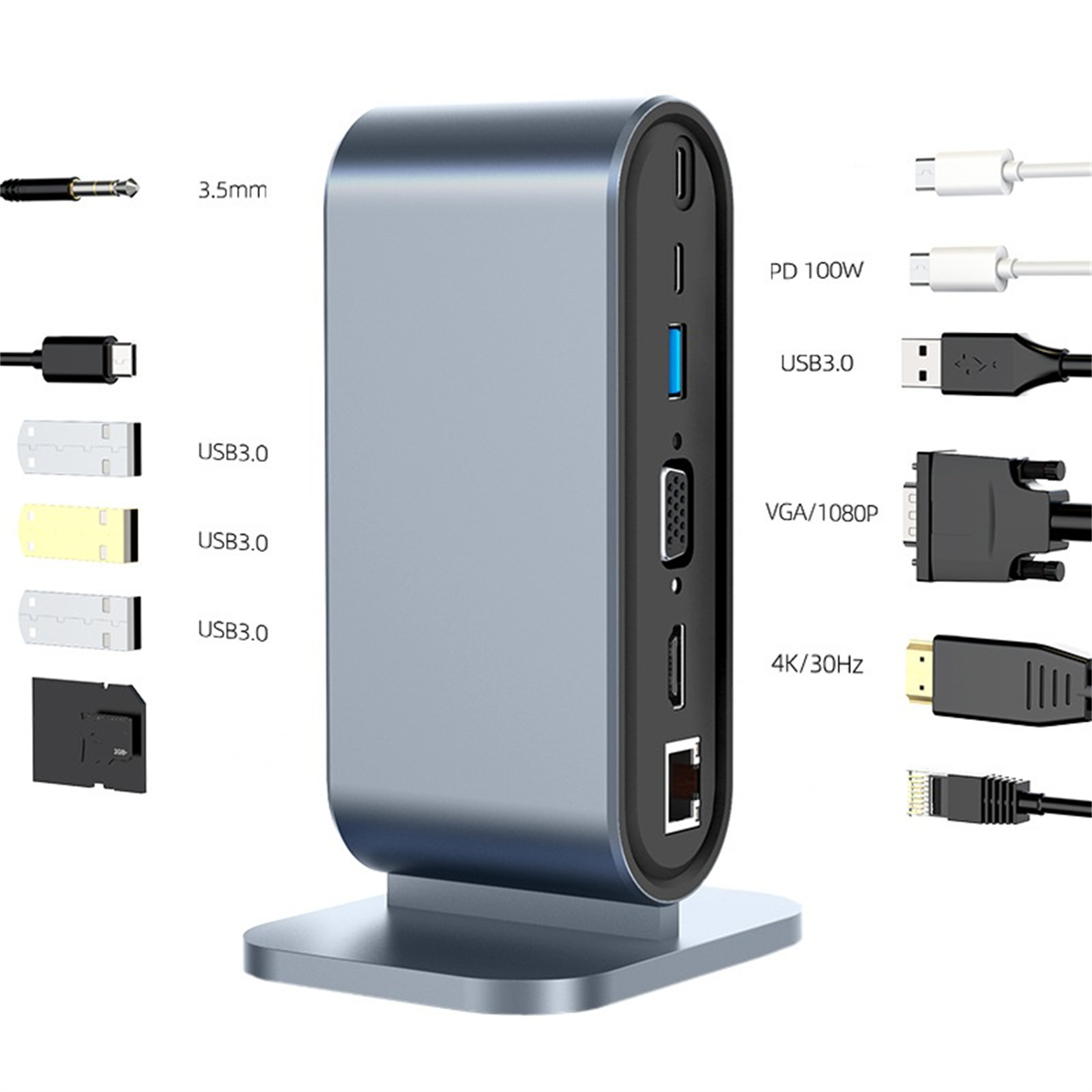 Ein silberner USB-Hub mit verschiedenen Anschlüssen: USB, HDMI, VGA und Ethernet. Kabel sind neben jedem Anschluss abgebildet.