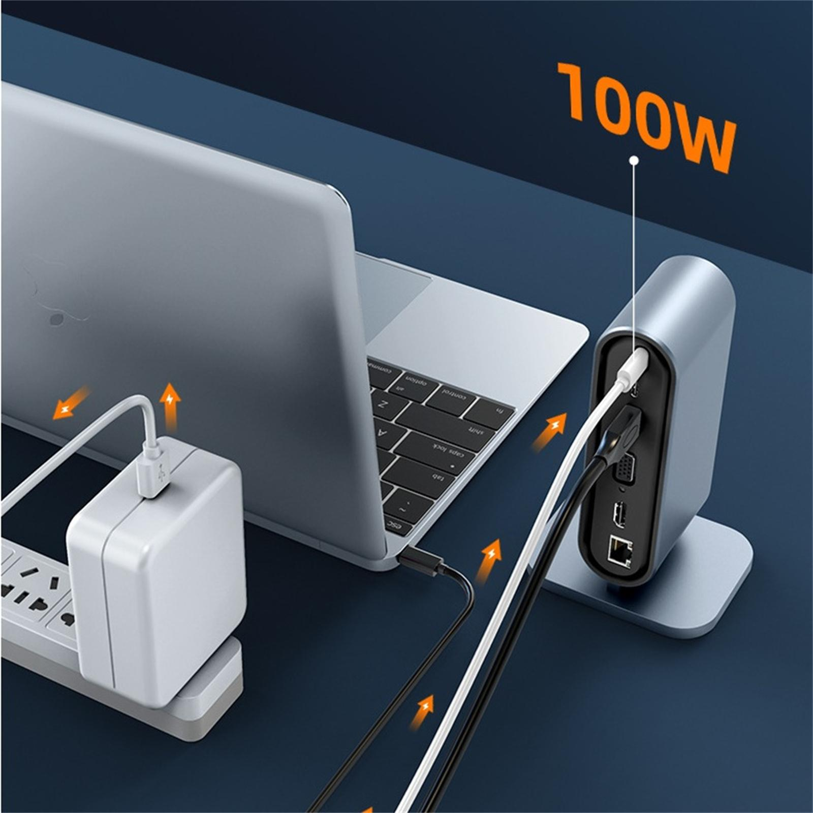 Laptop, Ladestation mit Kabeln und Netzteil. Text '100W'.