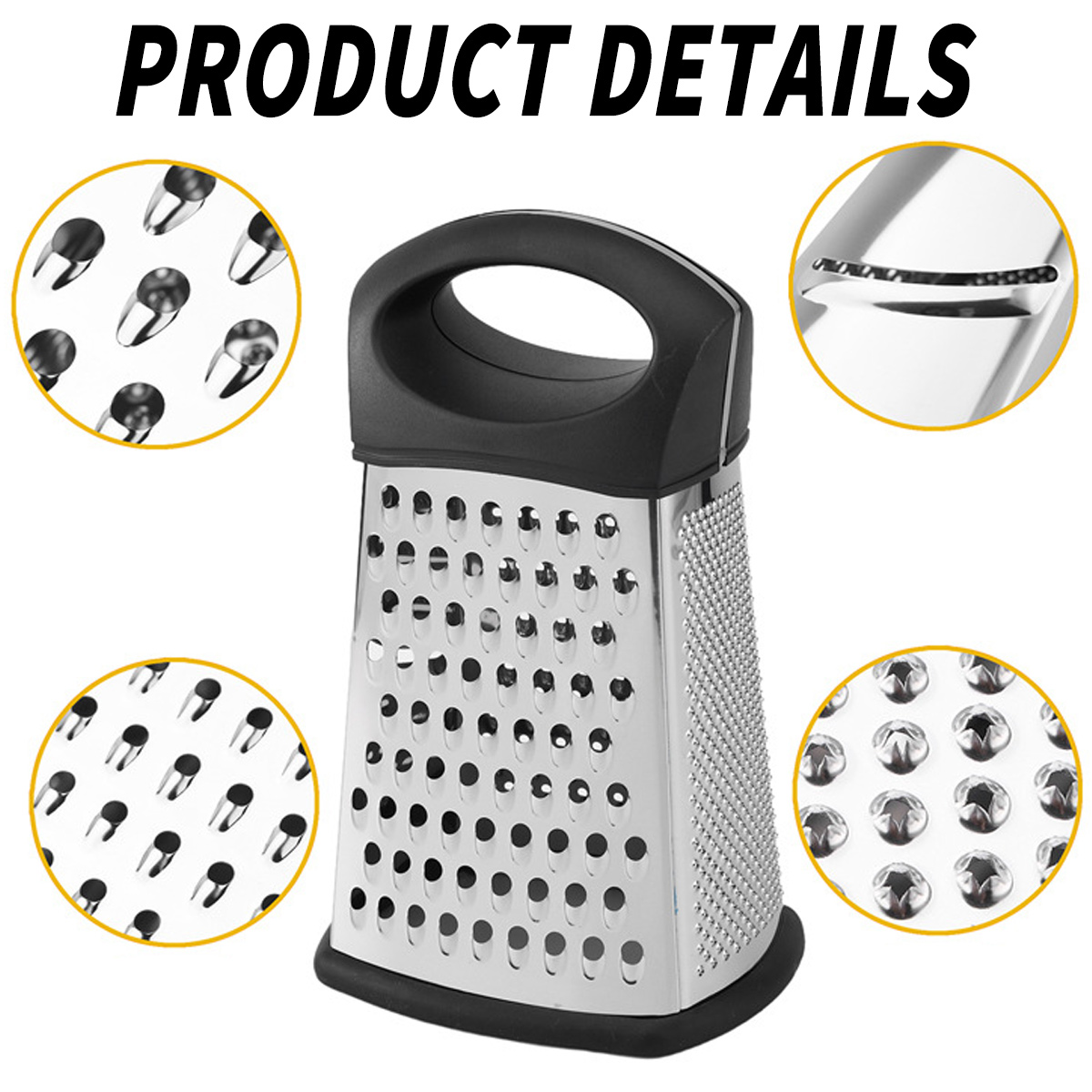 Ein Edelstahl-Reibeisen mit schwarzem Griff. Nahaufnahmen zeigen verschiedene Reibeflächen. Oben steht 'PRODUCT DETAILS'.