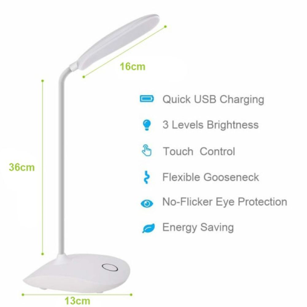 Gezeigt wird eine weiße LED-Schreibtischlampe. Sie hat einen flexiblen Schwanenhals, Touch-Steuerung und USB-Aufladung. Abmessungen sind angegeben.