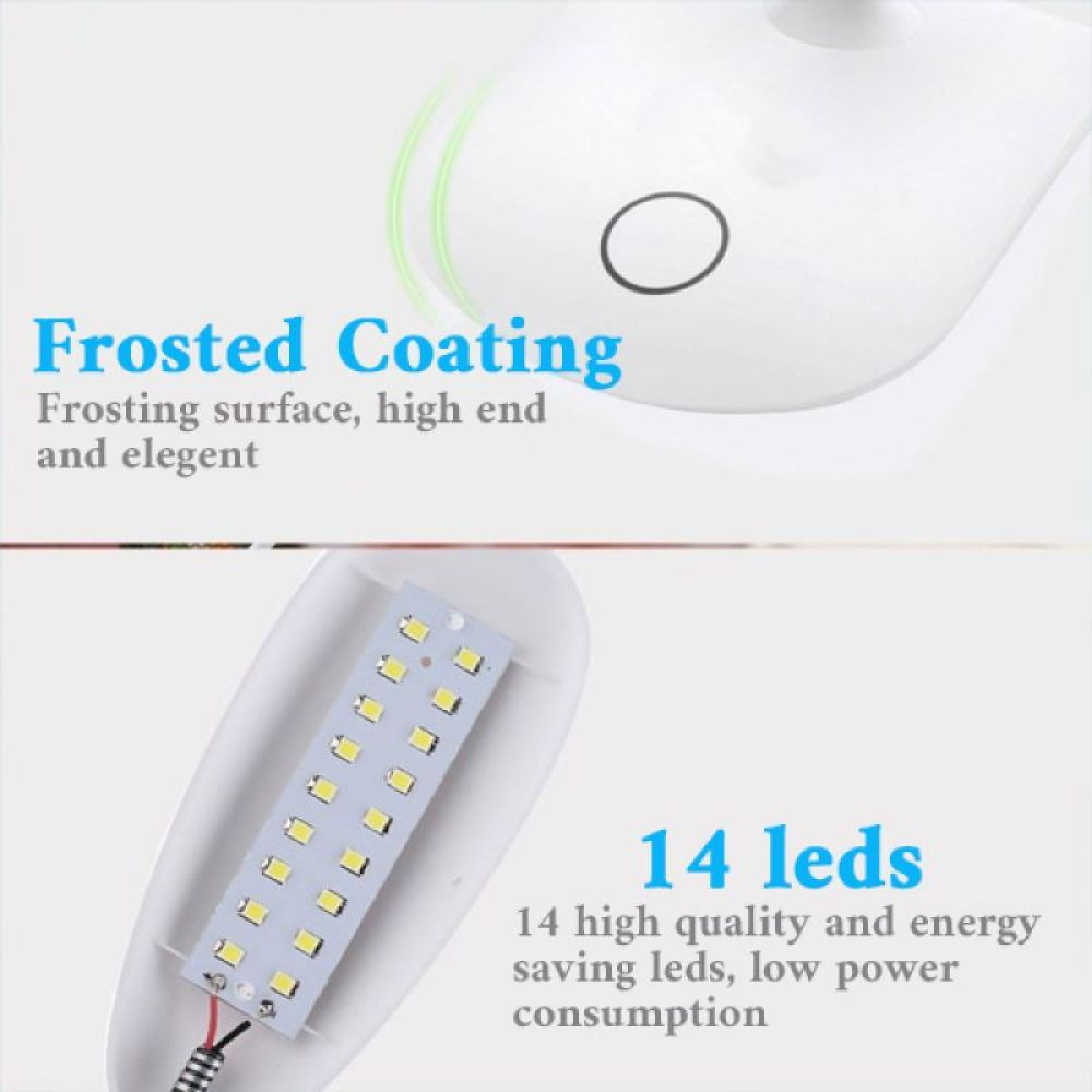 Das Bild zeigt eine weiße Lampe mit Text, der 'Frosted Coating' und '14 LEDs' hervorhebt. Der interne LED-Schaltkreis der Lampe ist ebenfalls sichtbar.
