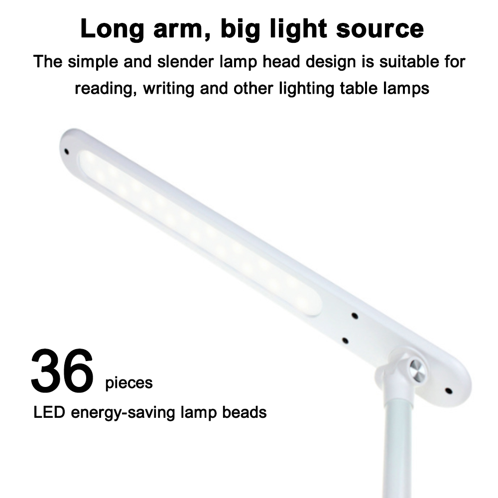 Eine weiße Schreibtischlampe mit langem Arm, der Lampenkopf leuchtet. Text: 'Langer Arm, große Lichtquelle'.