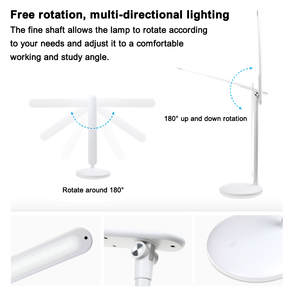Eine weiße Schreibtischlampe mit verstellbarem Arm und Kopf. Demonstriert 180-Grad-Drehfähigkeit für flexible Beleuchtung.