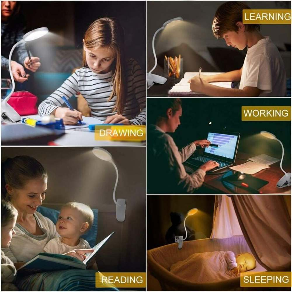 Collage mit einer Schreibtischlampe, die zum Zeichnen, Lernen, Arbeiten, Lesen und Schlafen verwendet wird. Es ist eine flexible Lampe mit Clip.