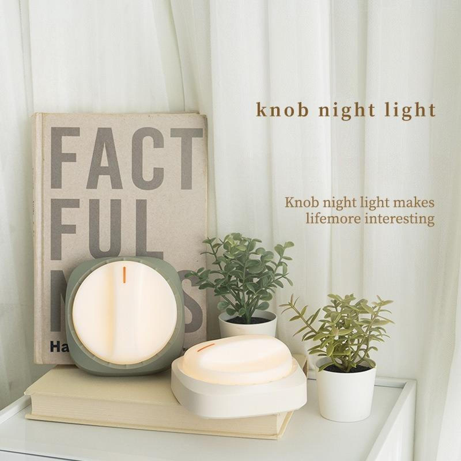Ein Nachtlicht mit Knaufdesign, ein Buch und kleine Pflanzen auf einem weißen Tisch. Weiße Vorhänge sind im Hintergrund.