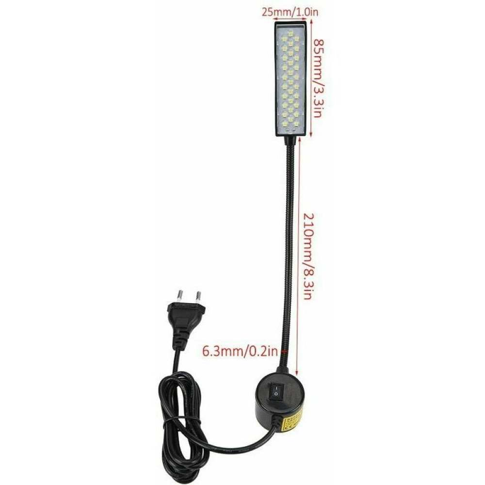 Eine Nähmaschinen-LED-Leuchte mit Maßen. Sie hat ein Lichtpanel, einen flexiblen Arm, einen Power-Knopf und einen Netzstecker.