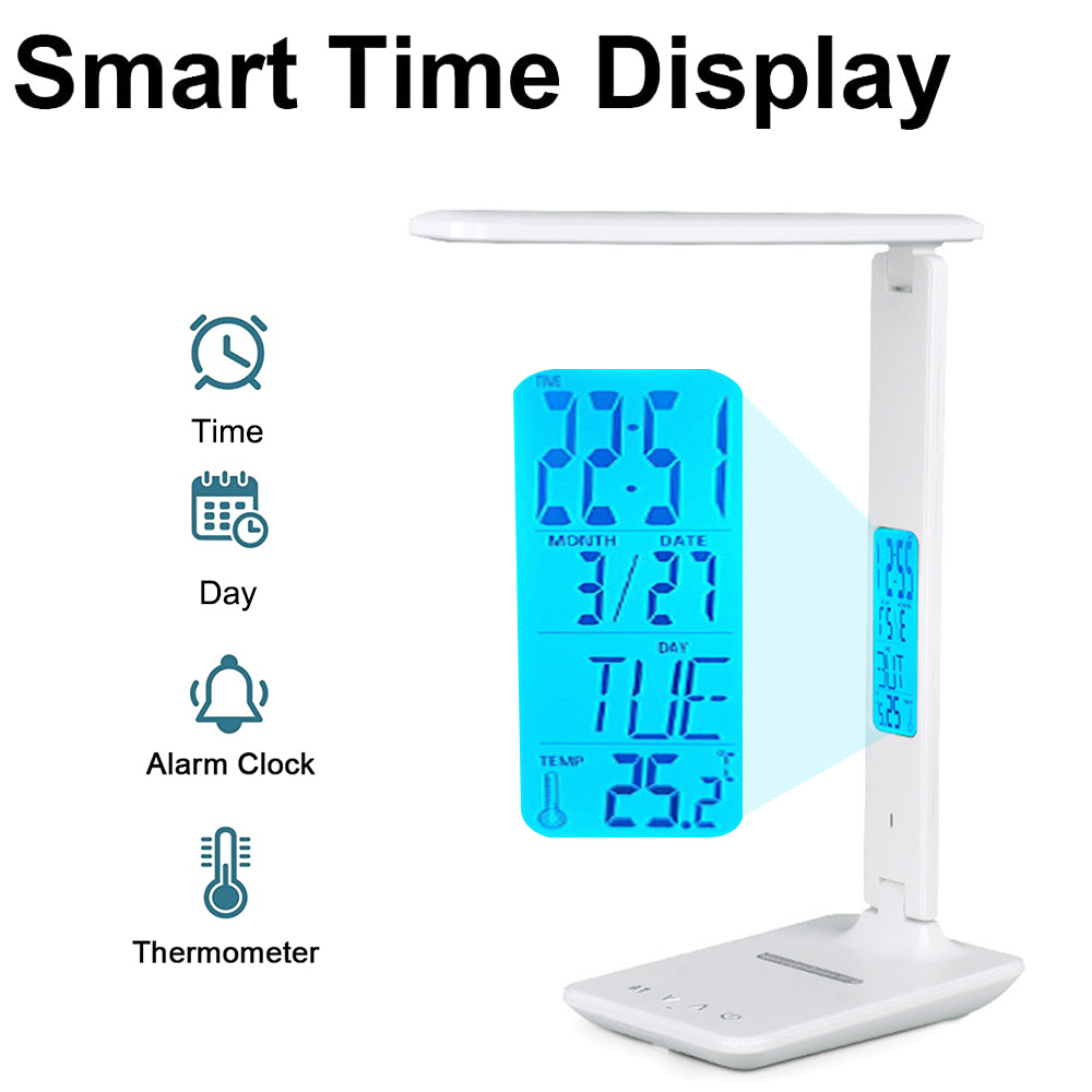 Ein weißes Smart-Time-Display mit Anzeige von Uhrzeit, Datum und Temperatur. Symbole für Zeit, Tag, Alarm und Thermometer sind vorhanden.