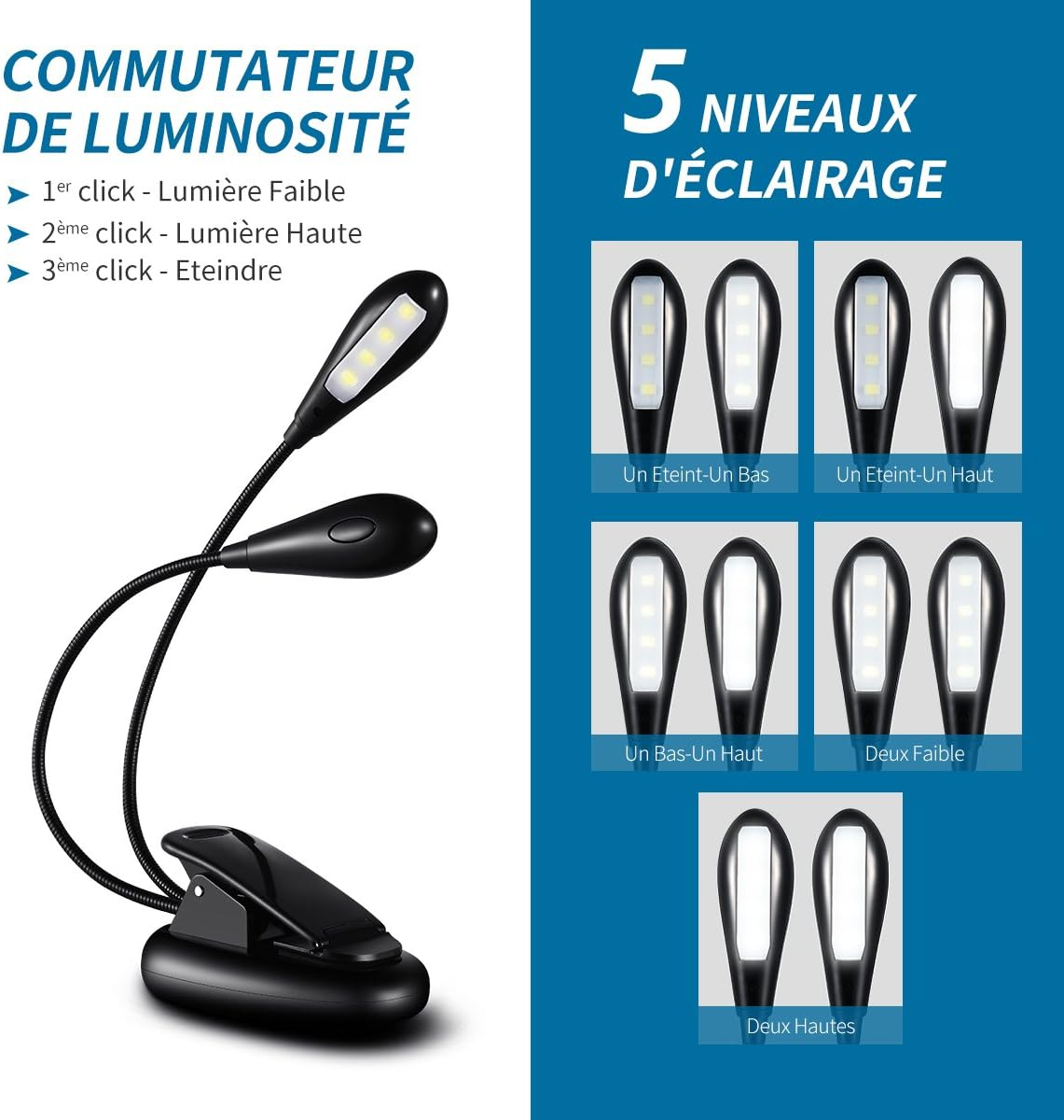 Eine schwarze LED-Lampe mit verstellbarem Hals. Sie hat fünf Helligkeitsstufen, von niedrig bis hoch und aus. Text auf Französisch.