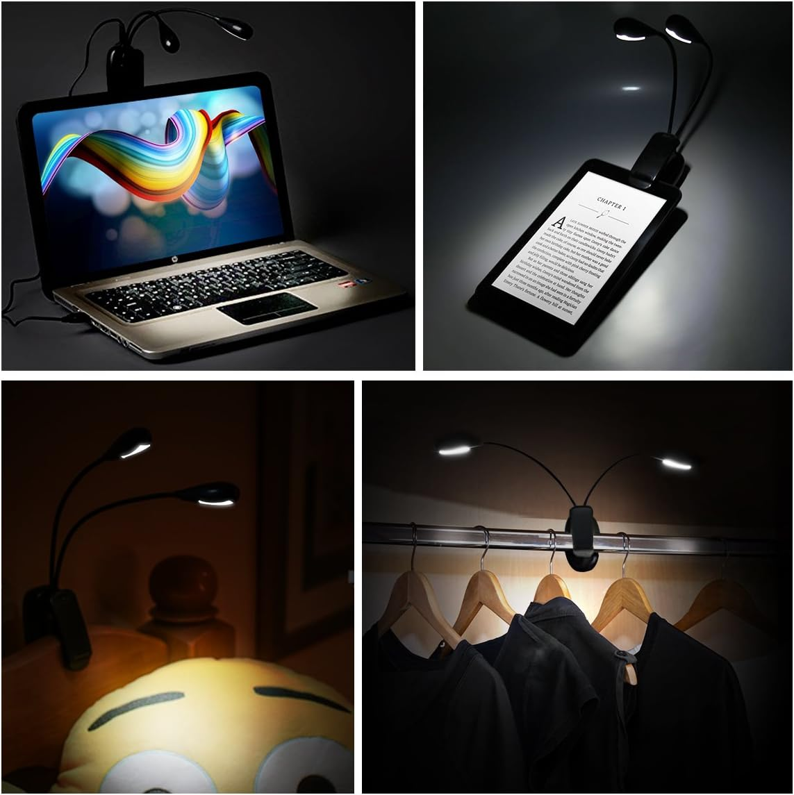Eine Klipp-LED-Lampe beleuchtet einen Laptop, einen E-Reader, ein Bett und einen Schrank. Die Lampe hat zwei Lichter.
