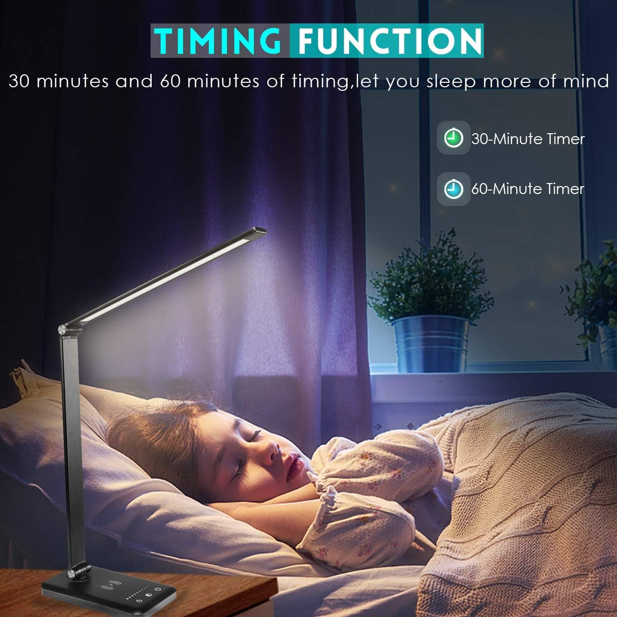 Ein Mädchen schläft unter einer Decke mit einer Lampe. Die Lampe ist an und hat eine Timing-Funktion. Der Timer kann auf 30 oder 60 Minuten eingestellt werden.