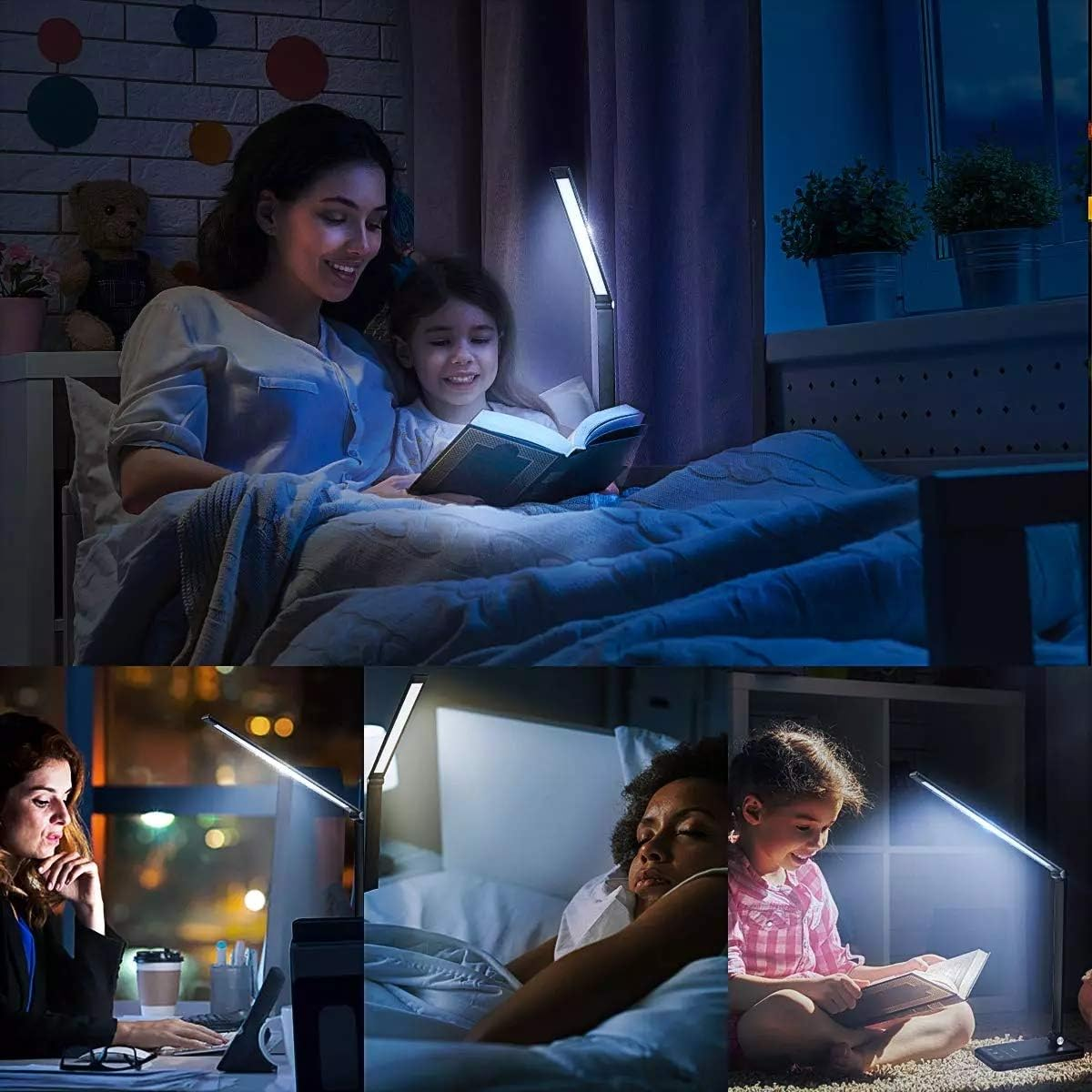 Mutter und Kind lesen im Bett mit Lampe. Andere lesen oder schlafen im Bett oder arbeiten am Schreibtisch mit Lampen. Nachtszenen.