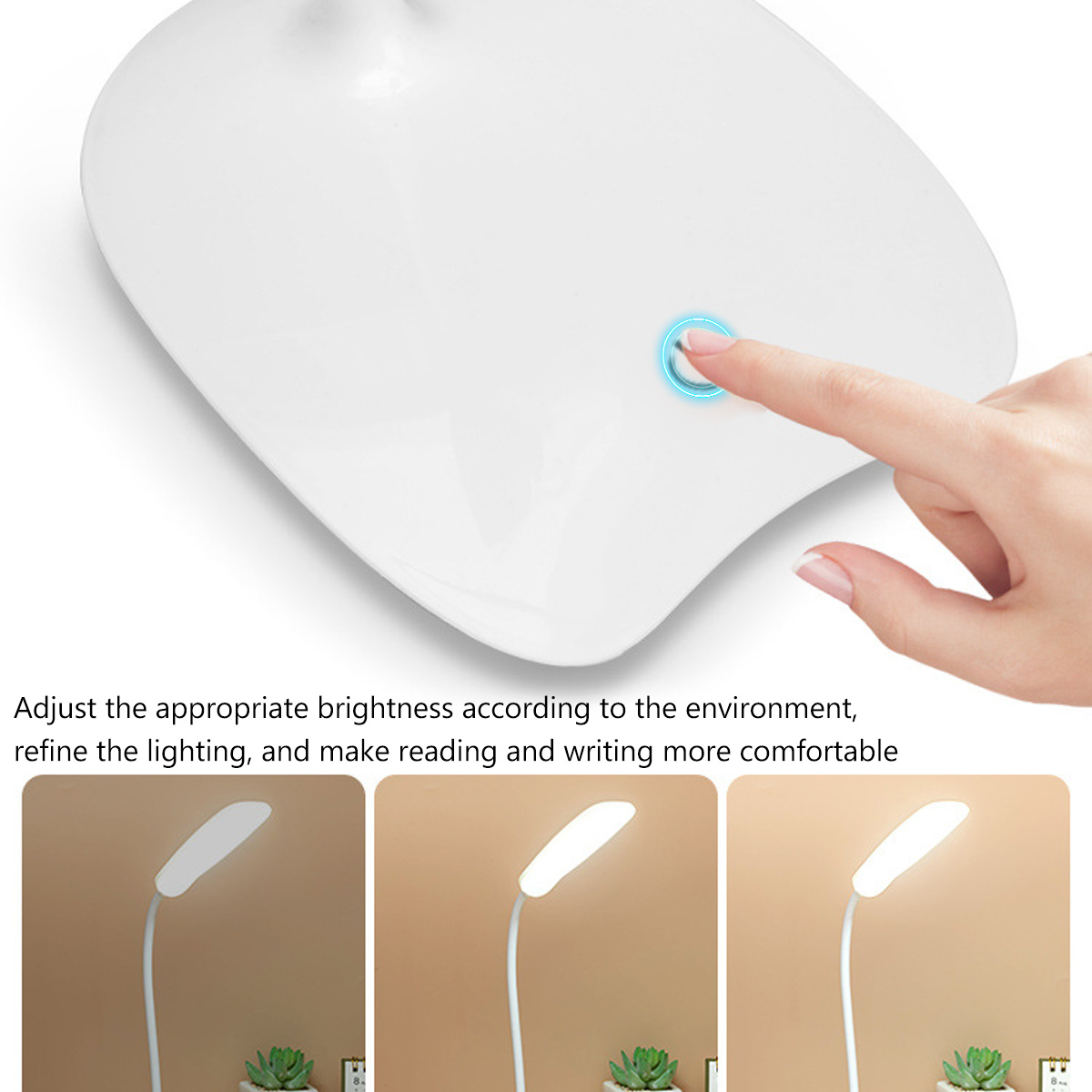 Eine Hand drückt einen Knopf an einer weißen Lampe. Die Lampe ist an, mit drei Helligkeitsstufen in der unteren Reihe.
