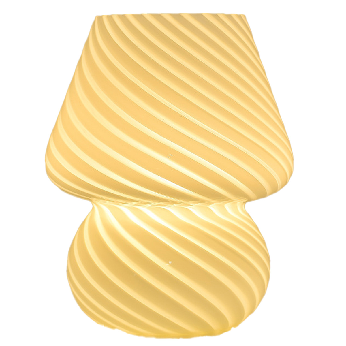 Eine pilzförmige Lampe mit Spiralmuster. Sie leuchtet warm gelb. Der Hintergrund ist weiß.