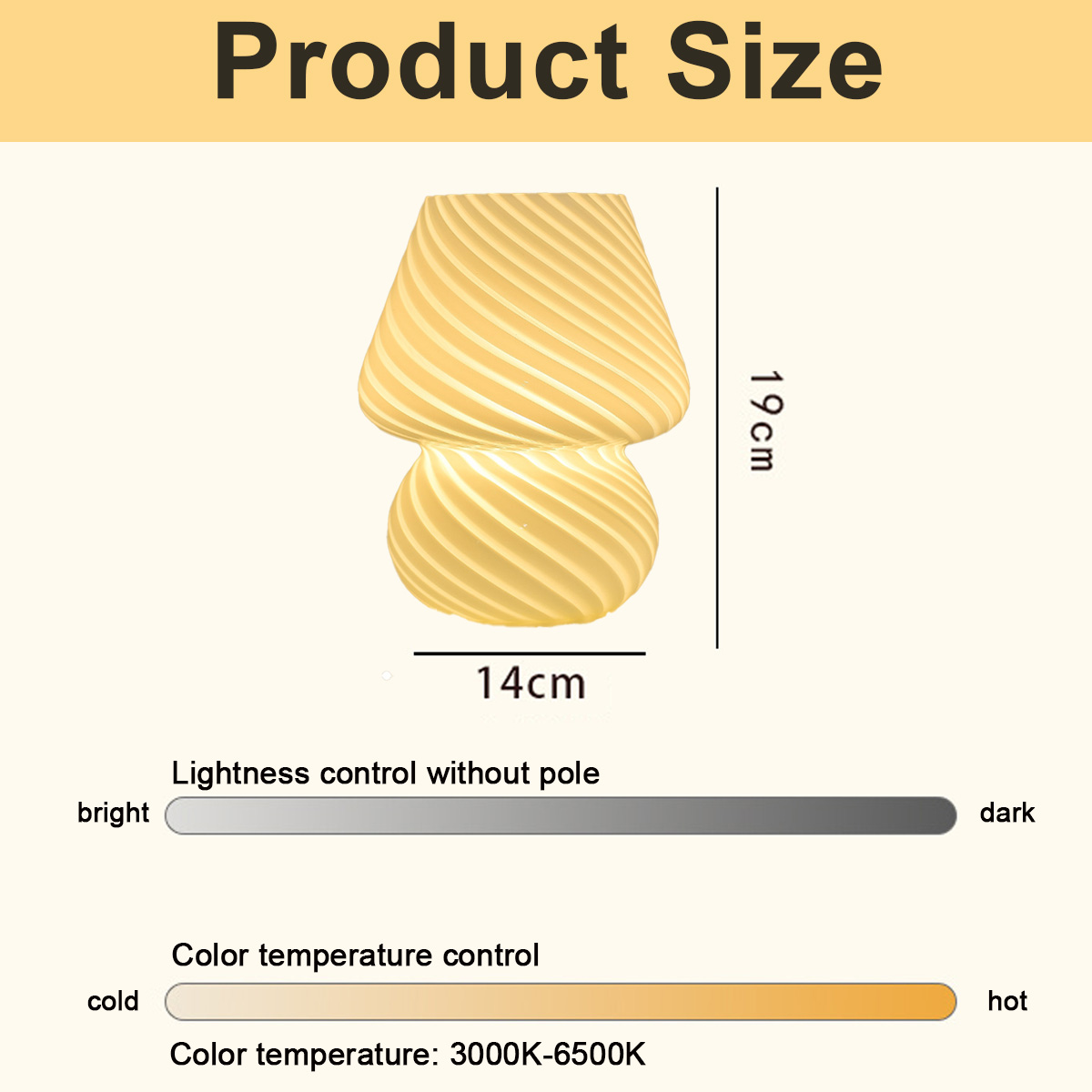 Eine beige Lampe in Pilzform. Die Maße sind 14 cm x 19 cm. Steuerung für Helligkeit und Farbtemperatur.