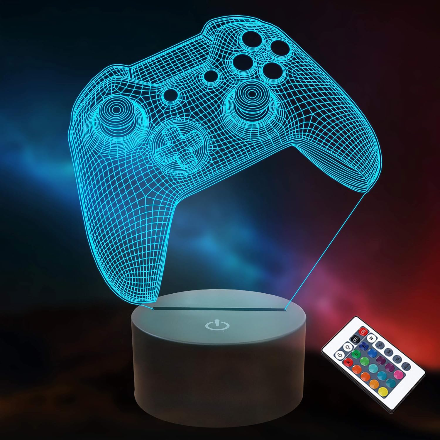 Eine blau beleuchtete Gamecontroller-Lampe. Sie hat einen Sockel und eine Fernbedienung. Der Hintergrund wechselt von Blau zu Rot.