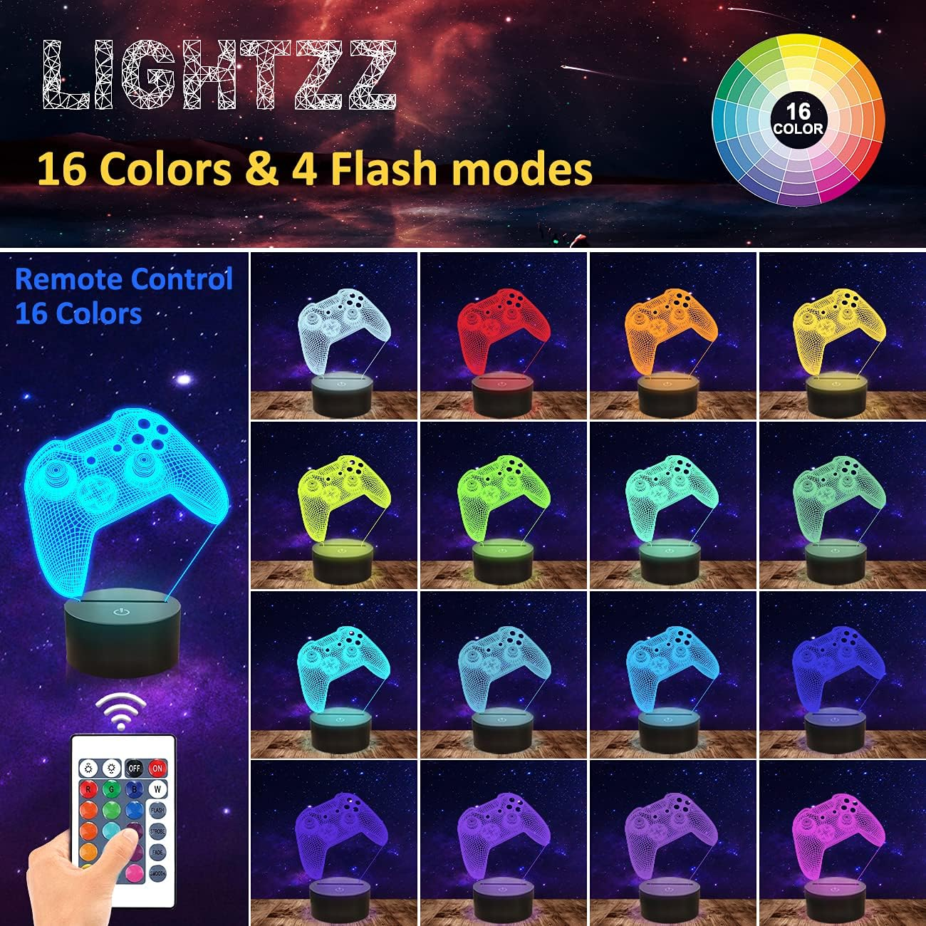 Das Bild zeigt eine Controller-förmige Lampe mit 16 Farboptionen und einer Fernbedienung. Verschiedene Farben der Lampe werden angezeigt.