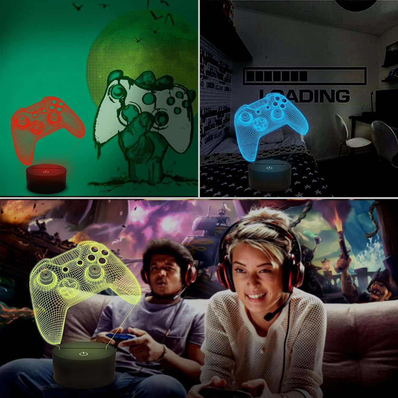 Eine Gaming-Lampe mit Controller-Design. Das Bild zeigt die Lampe in verschiedenen Szenen mit leuchtenden Farben und Gamern.