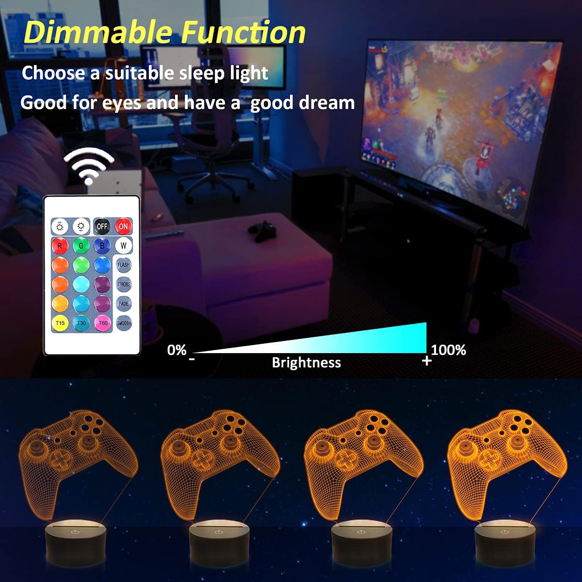 Das Bild zeigt eine Fernbedienung und vier beleuchtete Gamecontroller. Ein heller Fernseher zeigt ein Spiel. Text beschreibt dimmbare Funktion, Nachtlicht.