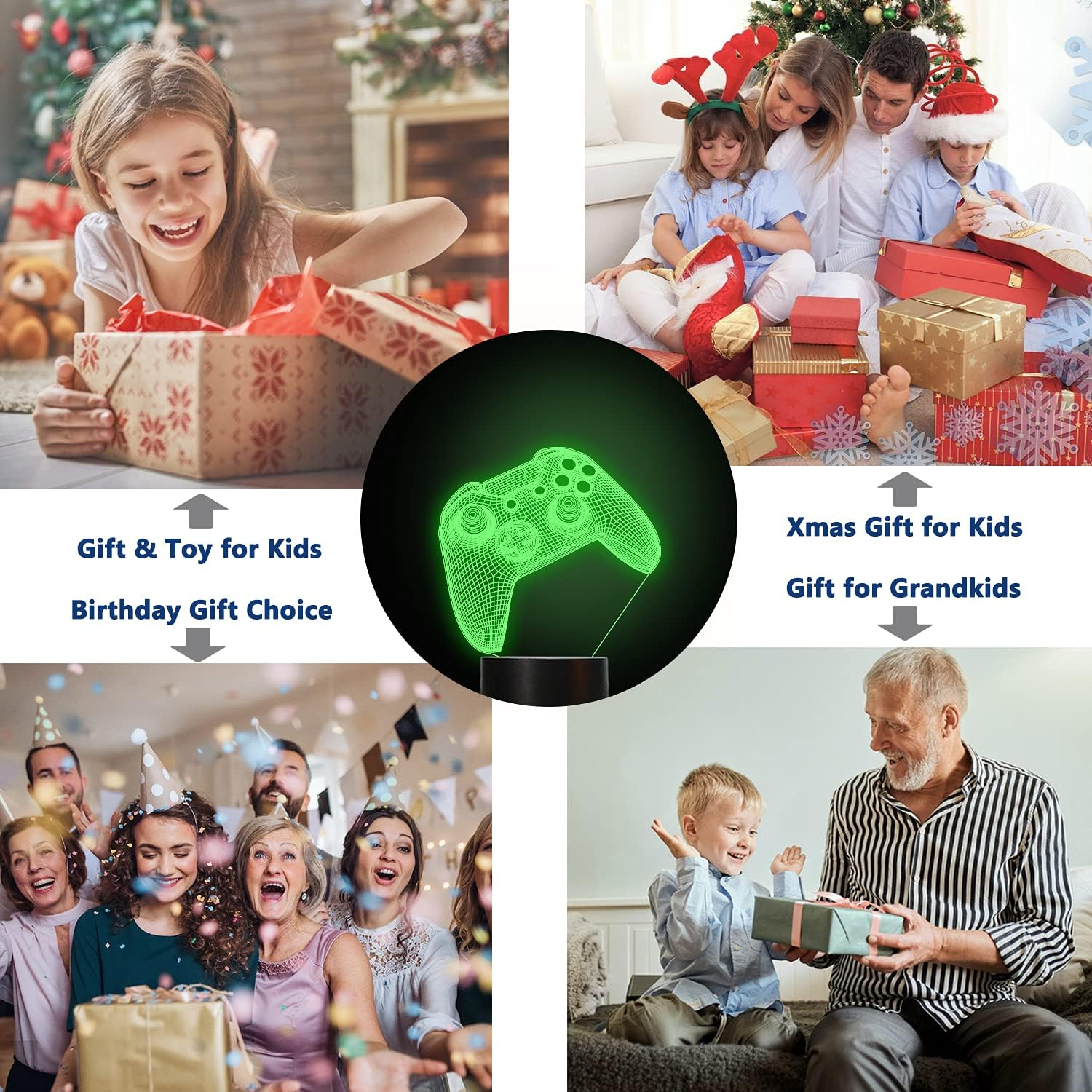 Ein Mädchen öffnet ein Geschenk, eine Familie am Weihnachtsbaum, eine Gruppe feiert und ein Junge gibt einem Mann ein Geschenk.