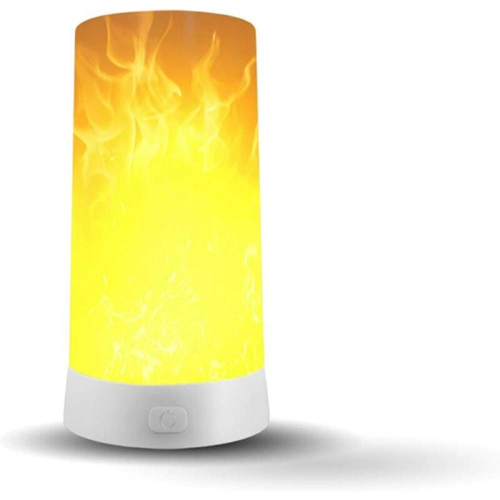Eine zylindrische Lampe mit weißem Sockel und Flammeneffekt. Der Flammeneffekt ist gelb und orange. Es befindet sich auf weißem Hintergrund.