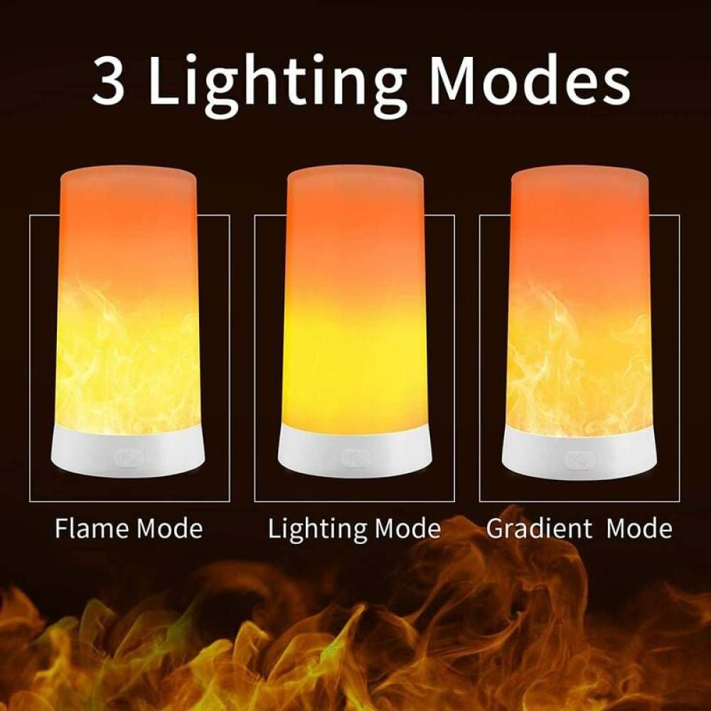 Das Bild zeigt drei Beleuchtungsmodi: Flamme, Beleuchtung und Farbverlauf. Jeder Modus ist eine zylindrische Lampe mit weißem Sockel.