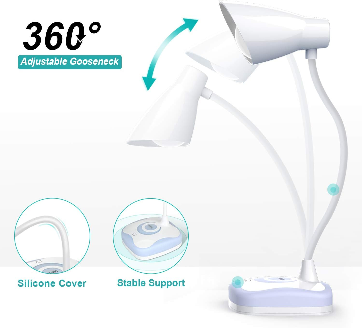 Weiße Schreibtischlampe mit verstellbarem Schwanenhals, 360-Grad-Drehung. Silikonhülle und stabiler Sockel, hellblaue Akzente.