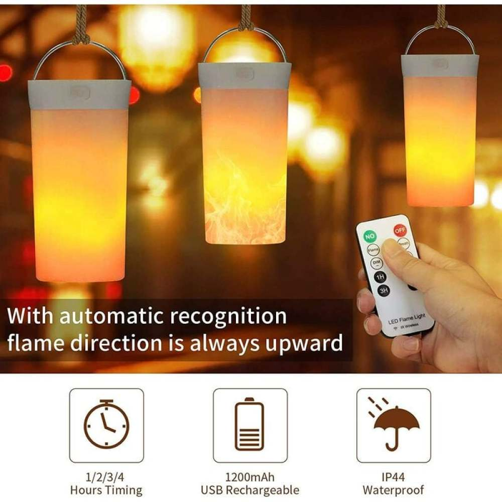 Drei Laternen mit Flammeneffekt hängen. Eine Hand hält eine Fernbedienung. Text: automatische Erkennung, 1/2/3/4 Stunden, 1200mAh, IP44 wasserdicht.