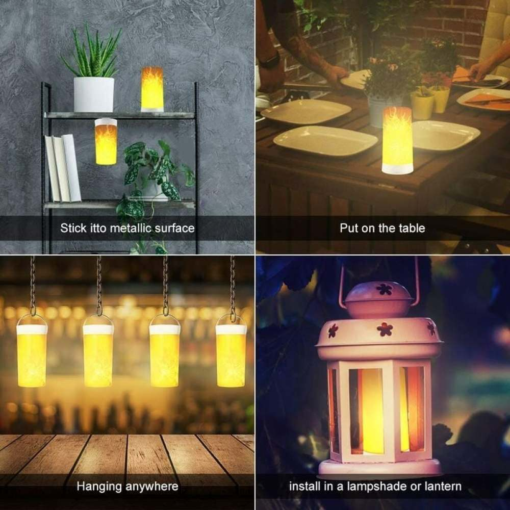 Vier Bilder, die dekorative Lichter in verschiedenen Umgebungen zeigen: Regal, Tisch, hängend und in einer Laterne. Jedes hat einen Flammeneffekt.