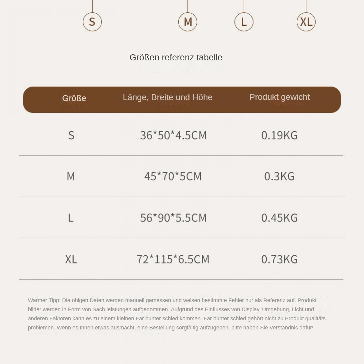 Größentabelle mit S, M, L, XL Größen. Abmessungen und Gewicht sind für jede Größe in Zentimetern und Kilogramm.