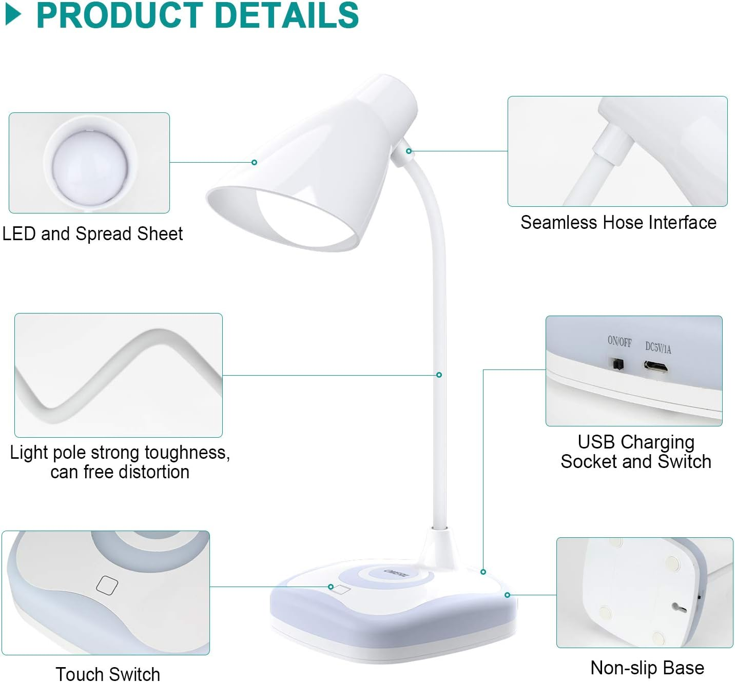 Eine weiße Schreibtischlampe mit Touch-Schalter, LED und USB-Aufladung. Details umfassen einen rutschfesten Sockel und nahtlose Schlauchschnittstelle.