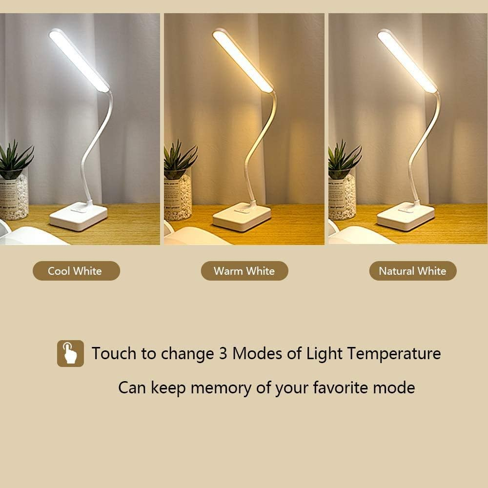 Drei Lampen zeigen Modi für kühles, warmes und natürliches weißes Licht. Text zeigt Touch-Steuerung und Speicherung des Modus.