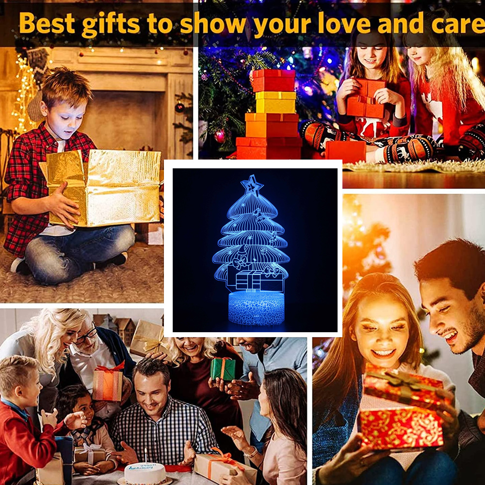 Eine Collage, die Menschen beim Geschenkeaustausch, ein Kind beim Öffnen eines Geschenks, ein Weihnachtsbaumlicht und Geschenke zeigt.