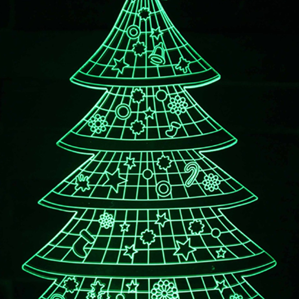 Umriss eines grünen Weihnachtsbaums mit Ornamenten wie Sternen, Kreisen, Glocken und Schneeflocken auf schwarzem Hintergrund.