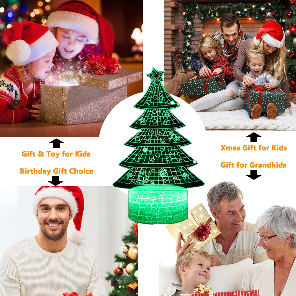 Das Bild zeigt Geschenkideen: Kinder öffnen Geschenke, Familie feiert, eine grüne Weihnachtsbaum-Lampe, Menschen mit Geschenken.